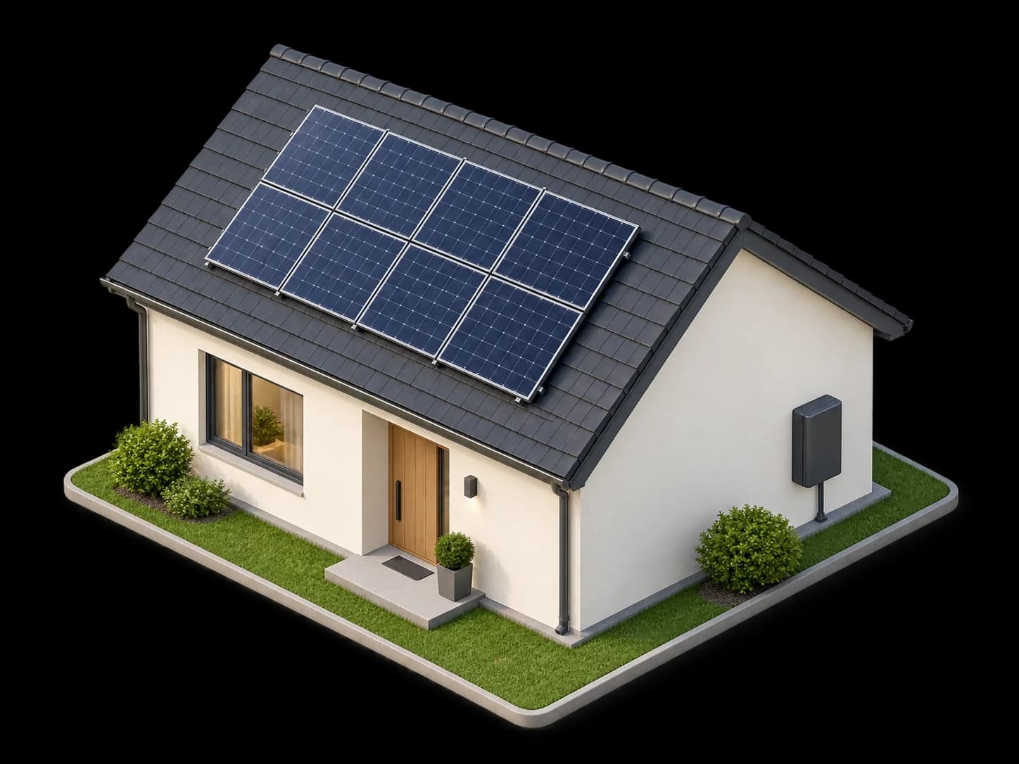 Illustration of a home with rooftop solar panels and a wall-mounted battery